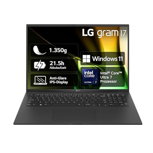 2024 LG gram 17 Zoll Notebook - 1350g Intel Core Ultra7 Laptop (16GB RAM, 1TB Dual SSD, 21,5h Akkulaufzeit, IPS Panel Anti-Glare Display, Win 11 Home) - Schwarz von LG