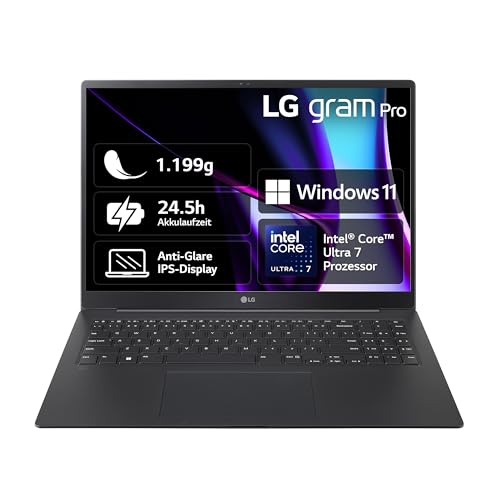 2024 LG gram Pro 16 Zoll Notebook - 1199g Intel Core Ultra7 Laptop (16GB RAM, 1TB Dual SSD, 24,5h Akkulaufzeit, IPS Panel Anti-Glare Display, Win 11 Home) - Schwarz von LG