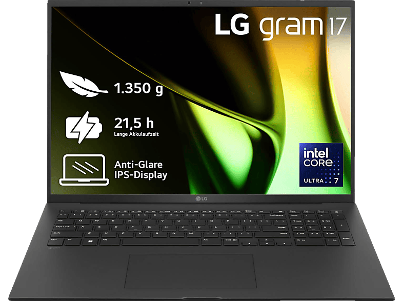 LG gram 17ZV90S-G.AA75G, Notebook, mit 17 Zoll Display, Intel® Core™ Ultra 7,155H Prozessor, 16 GB RAM, 512 SSD, Arc® GPU, Schwarz, Windows 11 Home (64 Bit) von LG
