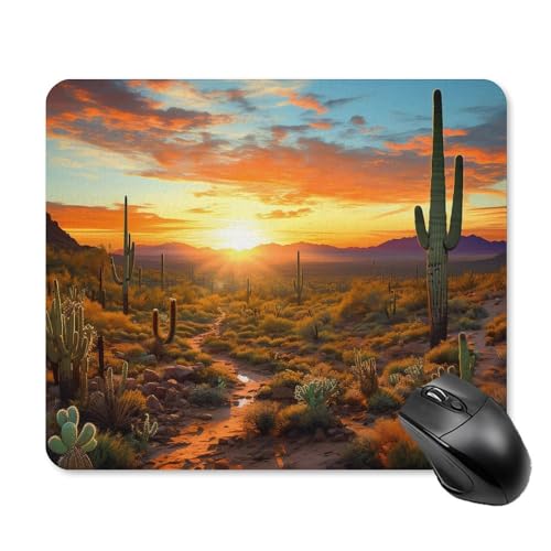 Mauspad, Saguaros bei Sonnenuntergang, quadratisch, niedlich, lustiges Mauspad für Laptop, Gaming, Heimbüro, Dekoration, Schreibtischzubehör, Schreibtischunterlage von LHOKDR