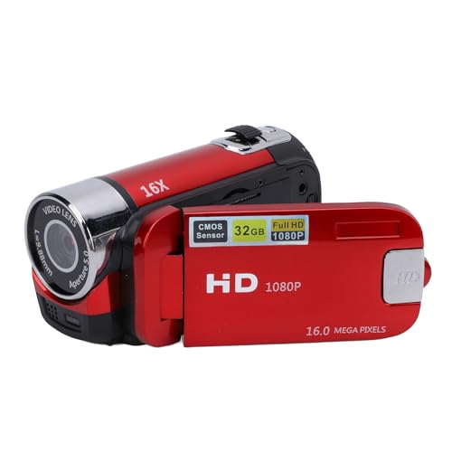 LICAEVEY Videokamera -Camcorder mit 2,4 -Zoll -Farbbildschirm, 1080p 16 MP 16x Digital Zoom Anti Shake Loop Videoaufzeichnung Camcorder mit Fülllicht 1/4 Zoll Gewinde -Loch (Rot) von LICAEVEY