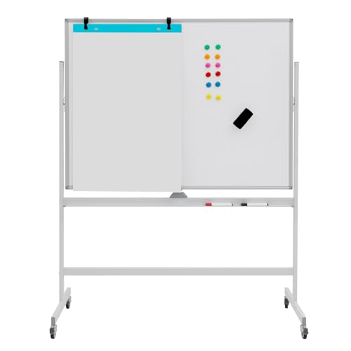 LIFEZEAL Mobiles Whiteboard, Doppelseitige Magnettafel mit Ständer, Magnetische Tafel höhenverstellbar & 360° drehbar, Magnetwand mit Stiftablage, magnetische Weißtafel (Weiß, 120×90×161-181 cm) von LIFEZEAL