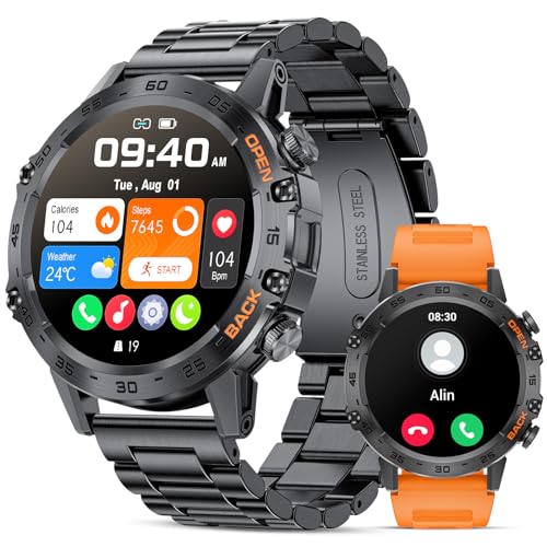 Herren Smartwatch mit Anruf Bluetooth für Android iOS 100+ Sport Modus Männer Smartwatch 400 mAh Schwarz Edelstahl Orange Silikon Smartwatch Herren 1,39 Zoll Herzfrequenz Schlaf Gesundheit Monitor von LIGE