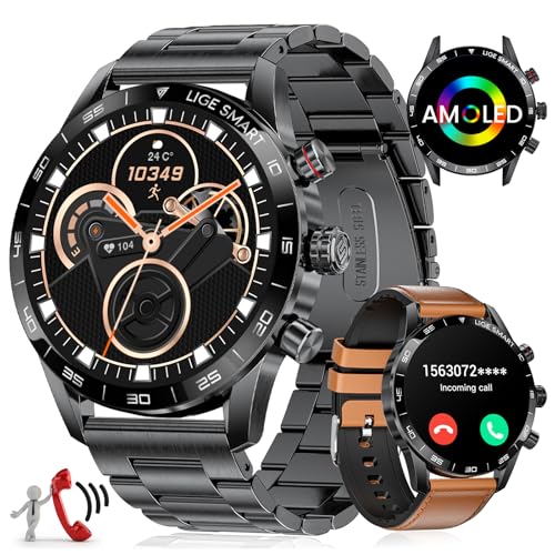 LIGE 1.43'' AMOLED-Display Smartwatch Herren, Smartwatch mit Telefonfunktion und Sprachassistenz Herzfrequenz SpO2 124 Sportmodi Fitnessuhr Smart Watch für iOS Android von LIGE