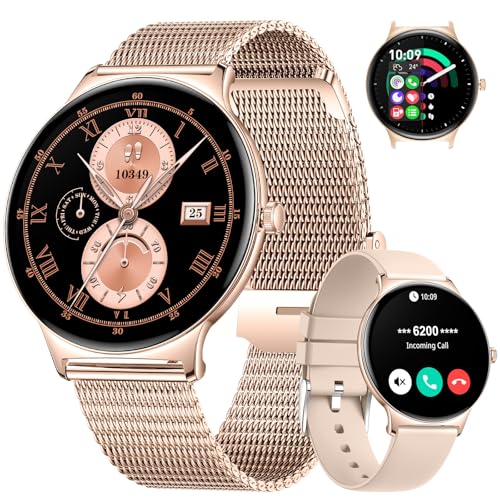 LIGE Damen Smart Watch Bluetooth Anrufe für Android iOS Smartwatch Damen 100+ Sport 1.43" AMOLED Always-on Display Damen Smartwatch Rosegold Netz Frauen Smartwatch Herzfrequenz Schlaf Monitor von LIGE