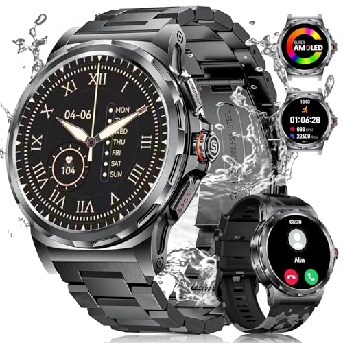 LIGE Militär Smartwatch Herren,1,43" HD AMOLED Smartwatch mit Telefonfunktion,Fitness Tracker,Schwarze Fitnessuhr mit 120+ Sportmodi,Herz-/Schlaftracking,IP68 wasserdicht sportuhr für iOS/Android von LIGE