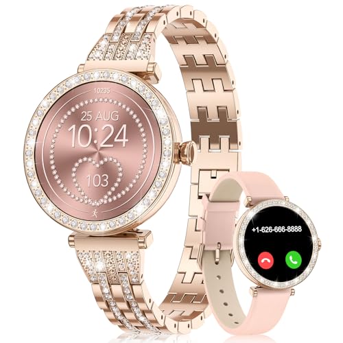 LIGE Smartwatch Damen 1.19" AMOLED Smartwatch mit Herzfrequenz, Fitnesstracker Damen 100+Sportmodi IP68 SpO2 Menstruationszyklus Diamond Smart Watch für iOS Android (Gold) von LIGE