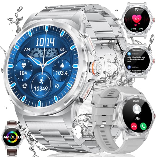 LIGE Smartwatch Herren 1.43" AMOLED, Militär Smart Watch mit Telefonfunktion,400mAh,5ATM Wasserdicht,129 Sportmodi Sportuhren, Schrittzähler SpO2 Schlafmonitor Fitnessuhr für iOS Android,3 Gurte von LIGE