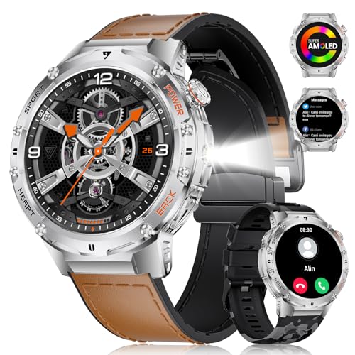 LIGE Smartwatch Herren Militär-530mAh Akku/LED Taschenlampe,1.43'' HD AMOLED Sportuhr Herren mit 132 Sportmodi,IP68 Wasserdicht Fitnessuhr mit Herzfrequenz/SpO2/Schlafmonitor für Android iOS von LIGE