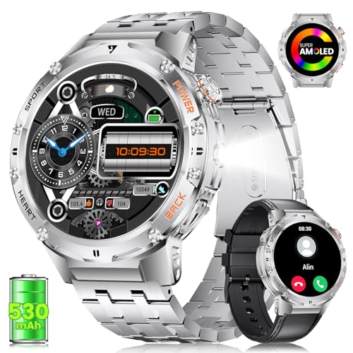 LIGE Smartwatch Herren Militär-LED Taschenlampe/530mAh großer Akku,1.43'' HD AMOLED Sportuhr mit 132 Sportmodi,IP68 Wasserdicht Fitnessuhr Herren für Android iOS (EF7-L-Silberner Stahl) von LIGE