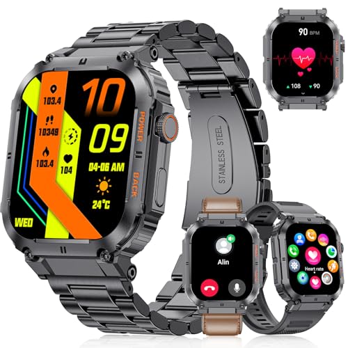 LIGE Smartwatch Herren Militärische mit Telefonfunktion,1.96'' HD Touchscreen,100+ Sportmodi Aktivitätstracker mit Herzfrequenz/SpO2/Schlafmonitor/Schrittzähler,400mah Sportuhr,5ATM Schwarz 3 Straps von LIGE