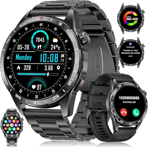 LIGE Smartwatch Herren mit 400mAh Lange Akkulaufzeit für Android iOS,1.43'' Amoled Display,123 Sportmodi,Bluetooth-Anrufe,IP68 Wasserdicht Fitnessuhr mit Herzfreherzfrequenz/Schlafmonitor,3 Armbänder von LIGE