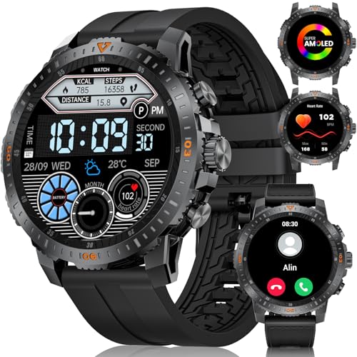 LIGE Smartwatch Herren mit Telefonfunktion,1,43" AMOLED Armbanduhr,500mAh-Akku,100+ Sportmodi Uhren Herren mit Herzfrequenz,IP68 Wasserdicht Android und iOS (FV7-B-Schwarzes Nylon + schwarzes Silikon) von LIGE