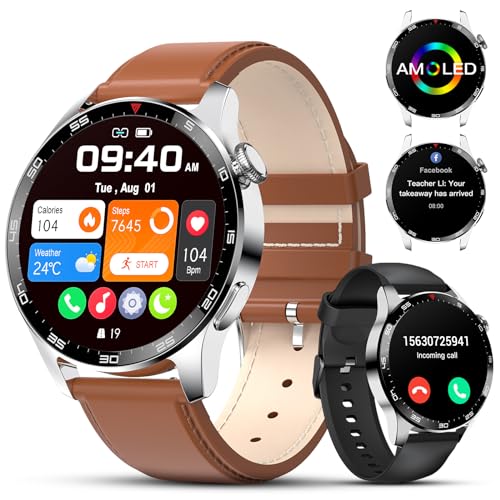 LIGE Smartwatch Herren mit Telefonfunktion,1.43 Zoll AMOLED Voll Touchscreen Armbanduhr Herren mit 120+ Sportmodi IP68 Wasserdicht Aktivitätstracker,Herzfrequenz/SpO2/Überwachung 400mah Braun Leder von LIGE