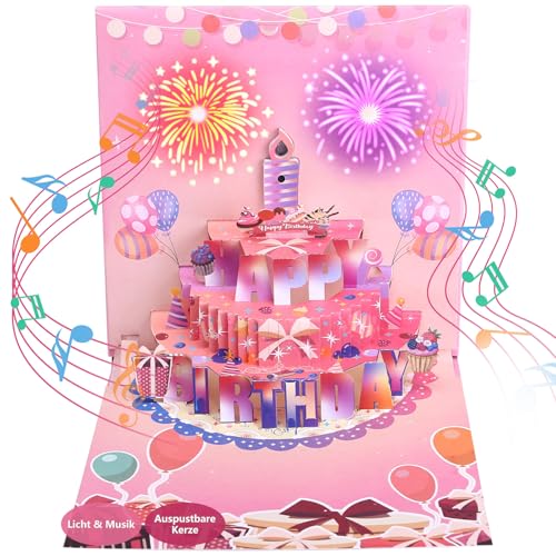 LIHAO Geburtstagskarte Frau Geburtstagskarte mit Musik und Licht Geburtstagskarten Pop Up Karte Geburtstag Mann Geburtstagskarte LED Blowable Kerze Happy Birthday Geschenk Rosa von LIHAO