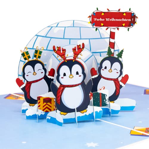 LIMAH® Pop-Up 3D Grußkarte/Lustige Weihnachtskarte/X-Mas Karte zu Weihnachten/Drei Pinguine Motiv/in Blau von LIMAH