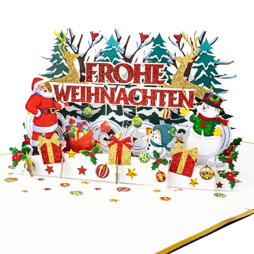 LIMAH® Pop-Up 3D Premium Grußkarte/Hochwertige Weihnachtskarte/X-Mas Karte zu Weihnachten/Weihnachtsmann, Schneemann, Rentiere, Frohe Weihnachten Motiv/in Weiss Gold/Groß mit Glitzer von LIMAH