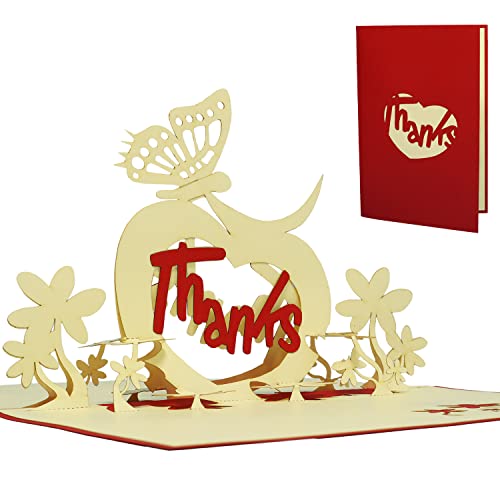 LINPopUp®, POP UP Karte 3D Karte Dankeskarte mit Schmetterling & Herz "Thanks", rot(#32) von LINPOPUP