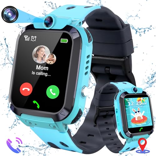 LITEYPP Kinder Smartwatch mit GPS und Telefon Voice Chat für Jungen Mädchen Geschenk, SOS IP67 Wasserdicht Spiel Kamera Wecker Touchscreen, Smartwatch mit SIM Karte(Blau) von LITEYPP