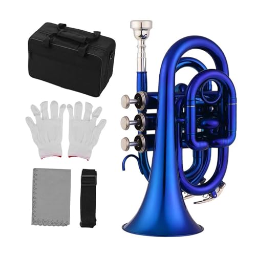 Trompete Taschentrompete Bb Flaches Messingblasinstrument Mit Handschuhen Tragetasche Blechblasinstrument Minitrompete(Blue) von LJRRTYQ