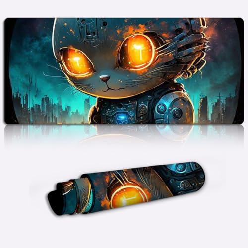 Mousepad Space Mechanical Cat Mauspad Gaming XL (80 x 30 x 0,3) cm, große mit Rutschfester Gummiunterseite und genähter Kante, professionelle PC Schreibtischunterlage von LJSPTU