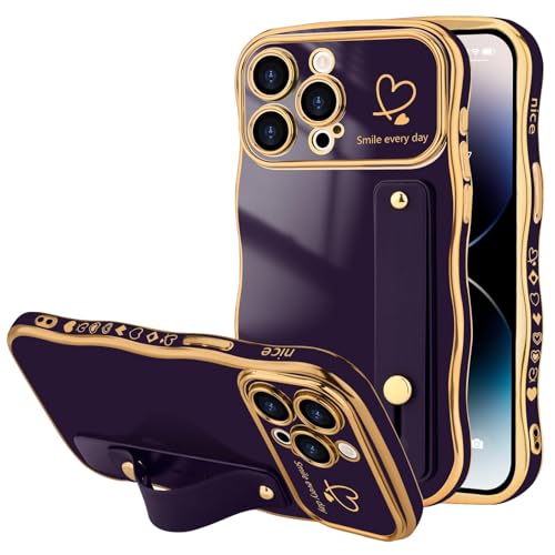 LLZ.COQUE Handyhülle für iPhone 14 Pro Max, Mädchen Curly Wellen Rahmenform Hülle Kameraschutz Schutzhülle Kommt mit Armband Case für iPhone 14 Pro Max, DunkelLila (mit DunkelLila Armband) von LLZ.COQUE