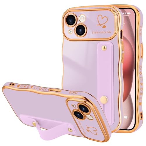 LLZ.COQUE Handyhülle für iPhone 15, Mädchen Curly Wellen Rahmenform Hülle Kameraschutz Schutzhülle Kommt mit Armband Case für iPhone 15, Licht Lila (mit Lila Armband) von LLZ.COQUE