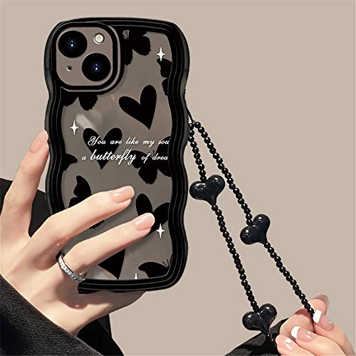 Koreanische süße Welle schwarz Schmetterling Liebe Herz Hang Chain Soft Case für iPhone 14 Pro Max 12 13 11 X XS XR 7 8 Plus SE Clear Cover, schwarz, für iPhone 14 von LMEIL