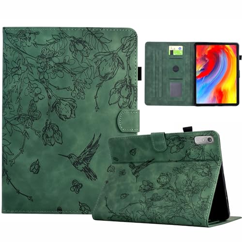 LMFULM® Hülle für Lenovo Tab P11 2nd Gen TB-350 (11,5 Zoll) PU Lederhülle Tasche Case mit Auto Schlaf/Wach Ständer Schutzhülle Flip Cover Vögel und Blumen Muster Grün von LMFULM