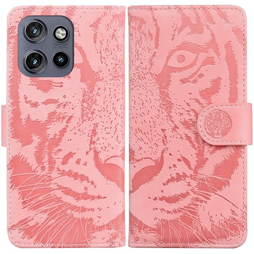 LMFULM® Hülle für Motorola Edge 50 Neo (6,4 Zoll) PU Leder Magnet Brieftasche Lederhülle Tiger Drucken Flip Cover Ledertasche Stent-Funktion Case Rosa von LMFULM