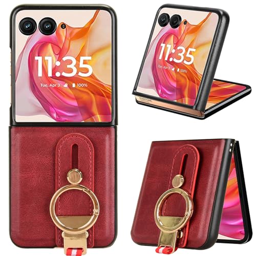 LMFULM® Hülle für Motorola Razr 50 Ultra (6,9 Zoll) Lanyard Handgelenkriemen PU Schutzhülle Harte PC Rückseite Case Bumper Cover mit Flaschenöffner und Ständer Rot von LMFULM