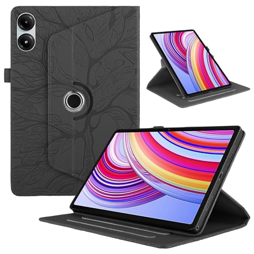 LMFULM® Hülle für Xiaomi Redmi Pad Pro (12,1 Zoll) PU Lederhülle Tasche Case mit 360 Grad Rotierend Ständer Schutzhülle Flip Cover Fröhlicher Baum Schwarz von LMFULM