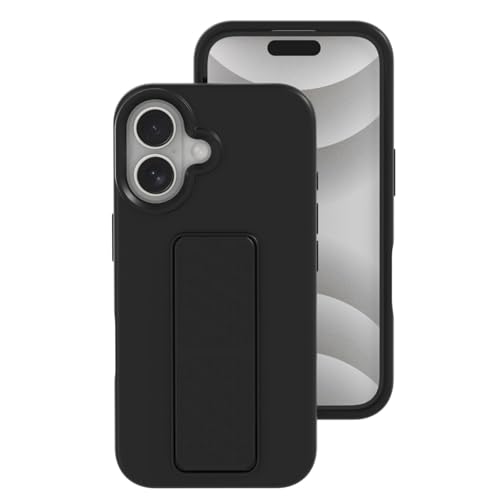 LNGCLTEZ Schlanke Schutzhülle für iPhone 16/16 Pro/16 Plus/16 Pro Max, Handschlaufe, faltbarer Ständer, Fallschutz, Flüssigsilikon-Hülle, 16 Pro, Schwarz von LNGCLTEZ