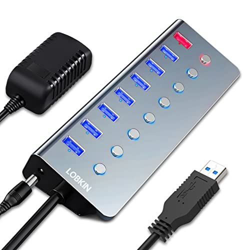 Powered USB 3.0 Hub, LOBKIN 7 Port USB Hub Aktiv 3.0 mit Netzteil & 1 Smart Charging mit Schalter, LED-Anzeiger und 5V/3A Netzteil Adapter für PC, Laptop, Tablet, Windows, MAC OS, Linux von LOBKIN