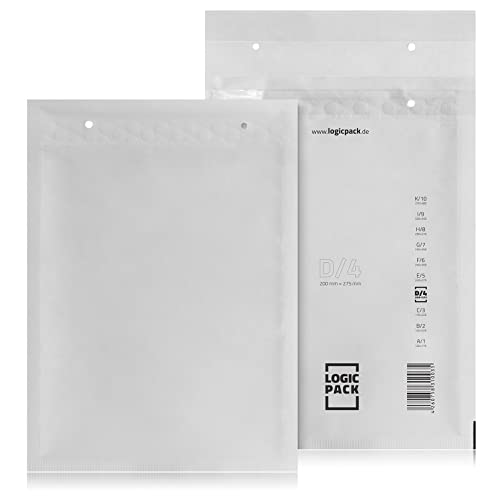 LOGIC PACK Premium Luftpolsterumschläge D4 200 St. Luftpolstertaschen, 200 x 275 mm Weiß Gepolsterte Briefumschläge, Haftklebend Polsterumschläge Versandtaschen Luftpolster Umschlag Gepolstert DIN B5 von LOGIC PACK