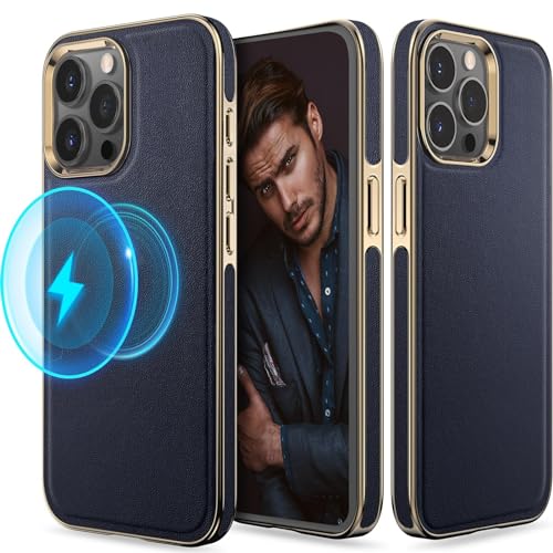 LOHASIC Magnetische Hülle, entworfen für iPhone 15 Pro Max 2023, luxuriöse Leder, Business, klassisch, stoßfest, Handyhüllen, kompatibel mit Magsafe für iPhone 15 Pro Max 6,7 Zoll – Marineblau von LOHASIC