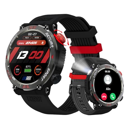 LOKMAT Smartwatch für Herren (Anruf tätigen/annehmen) – Taktische Militär-Smartwatch mit LED-Taschenlampe, Herzfrequenz-Schlaf-Monitor für iPhone, Android-Handys, Outdoor-Sport-Fitness-Tracker-Uhren von LOKMAT