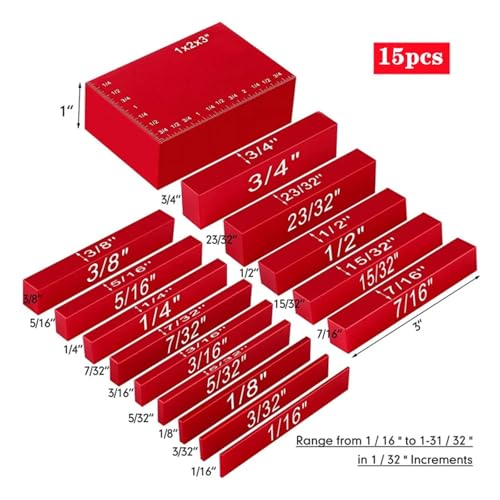 Setup-Block-Kit 16-teiliges Zoll-/9-teiliges Metrisches Setup-Blöcke-Höhenmessgerät-Set, Präzisions-Aluminium-Setup-Stangen For Die Holzbearbeitung Von Oberfräsen Und Tischkreissägen(15pcs Inch no Box von LOMCOT