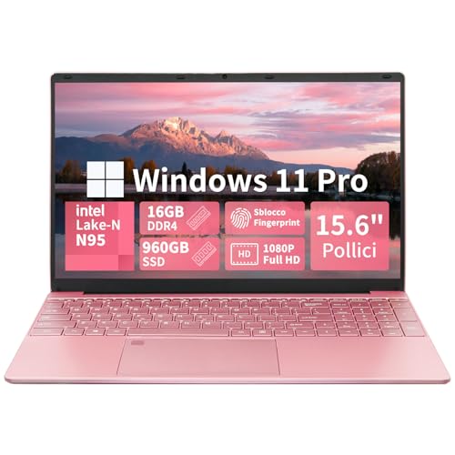 LONGEVINCE Notebook-PC, Display FHD 15,6 Zoll, Celeron N95 (bis zu 3,4 GHz), 16 GB RAM DDR4 960 GB SSD, Hintergrundbeleuchtung, Fingerabdruck, USB3.0, Win 11 Pro mit Maus und italienischer von LONGEVINCE