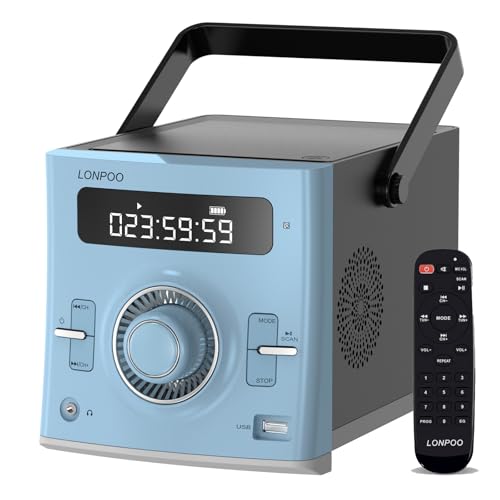 Tragbarer CD-Player Boombox 20W für Draußen, Eingebaute wiederaufladbare BatterieFM-Radio/Bluetooth/USB/AUX-Eingang | 3,5 mm MIC & Kopfhöreranschluss | Klarer Stereoklang (LP-118 Blue) von LONPOO