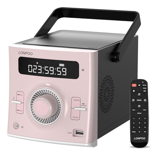 Tragbarer CD-Player Boombox 20W für Draußen, Eingebaute wiederaufladbare BatterieFM-Radio/Bluetooth/USB/AUX-Eingang | 3,5 mm MIC & Kopfhöreranschluss | Klarer Stereoklang (LP-118 PINK) von LONPOO