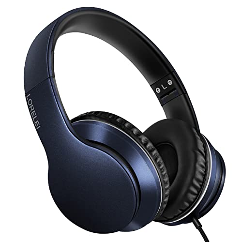 LORELEI X6 Over-Ear-Kopfhörer mit Mikrofon, leicht, faltbar, tragbar, Stereo-Bass-Kopfhörer mit 1,45 m ohne Verheddern, kabelgebundene Kopfhörer für Smartphone, Tablet, MP3/4 (Dunkelblau) von LORELEI