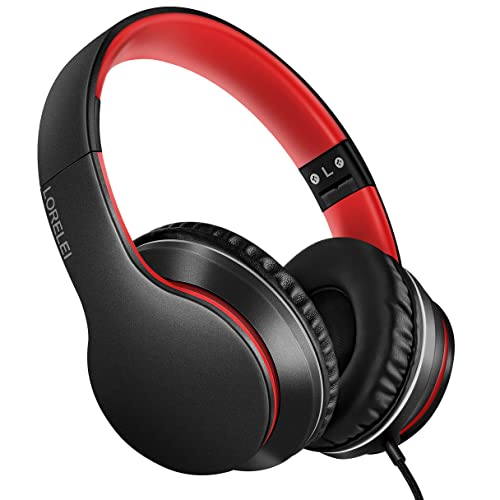 LORELEI X6 Over-Ear-Kopfhörer mit Mikrofon, leicht, faltbar und tragbar, Stereo-Bass-Kopfhörer mit 1,45 m langem Verheddern, kabelgebundene Kopfhörer für Smartphone, Tablet, MP3/4, Schwarz-Rot von LORELEI