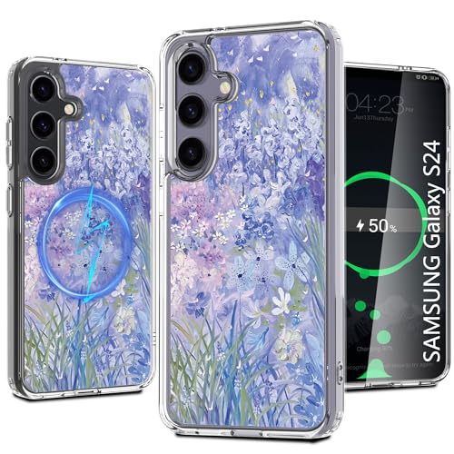LORYVAN Magnetische transparente Schutzhülle für Samsung Galaxy S24, bedrucktes Blumenmuster-Design für Damen und Mädchen, schlank, stoßfest, floral, schützend, nicht abblätternd, MagSafe-Hülle, 6,1 von LORYVAN