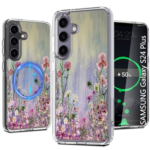 LORYVAN Magnetische transparente Schutzhülle für Samsung Galaxy S24 Plus, bedrucktes Blumenmuster-Design für Damen und Mädchen, schlank, stoßfest, floral, schützend, nicht abblätternd, MagSafe-Hülle, von LORYVAN