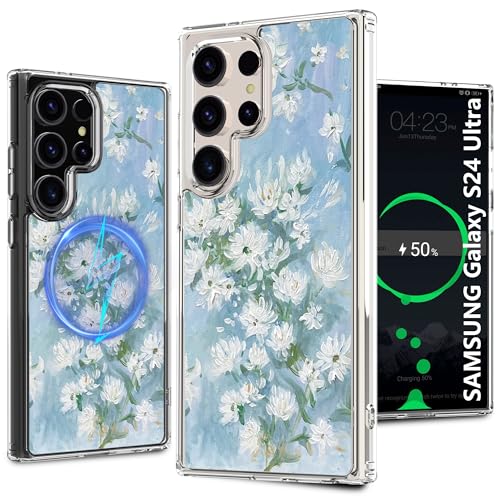 LORYVAN Magnetische transparente Schutzhülle für Samsung Galaxy S24 Ultra, bedrucktes Blumenmuster-Design für Damen und Mädchen, schlank, stoßfest, floral, schützend, nicht abblätternd, MagSafe-Hülle, von LORYVAN