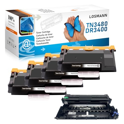 LOSMANN 4X Toner und 1x Trommel Kompatible für Brother TN3480 TN3430 DR3400 HL-L5000D HL-L5100DN HL-L5200DW HL-L6400DW HL-L5200DWT MFC-L5750DW MFC-L5700DW MFC-L5800DW MFC-L5850DW MFC-L6900DW (5 Pack) von LOSMANN