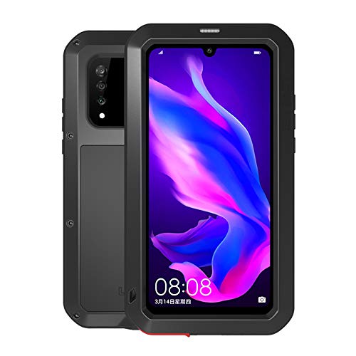 LOVE MEI für Huawei P30 Lite Hülle, Heavy Duty Rüstung Tank Stoßfest Staubdicht Case Hybride Aluminium Metall Stoßfest Cover Fall with Schutzfolie für Huawei P30 Lite (Schwarz) von LOVE MEI