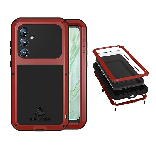 LOVE MEI für Samsung Galaxy S23 FE Metall hülle,360 Grad Outdoor Schutzhülle Case Hybrid Military Shockproof Hochleistungsschutz hülle[Eingebauter Displayschutz] für Galaxy S23 FE (Rot) von LOVE MEI