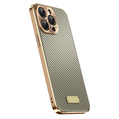 LOWBDGFU-Schutzhülle aus echtem Leder für iPhone 16 Pro Max/16 Pro/16, Metall-Kamera-Lochschutz, luxuriöse Beschichtung, schlanke Hülle, Kohlefaser-Textur, Grau, 16 Pro Max von LOWBDGFU